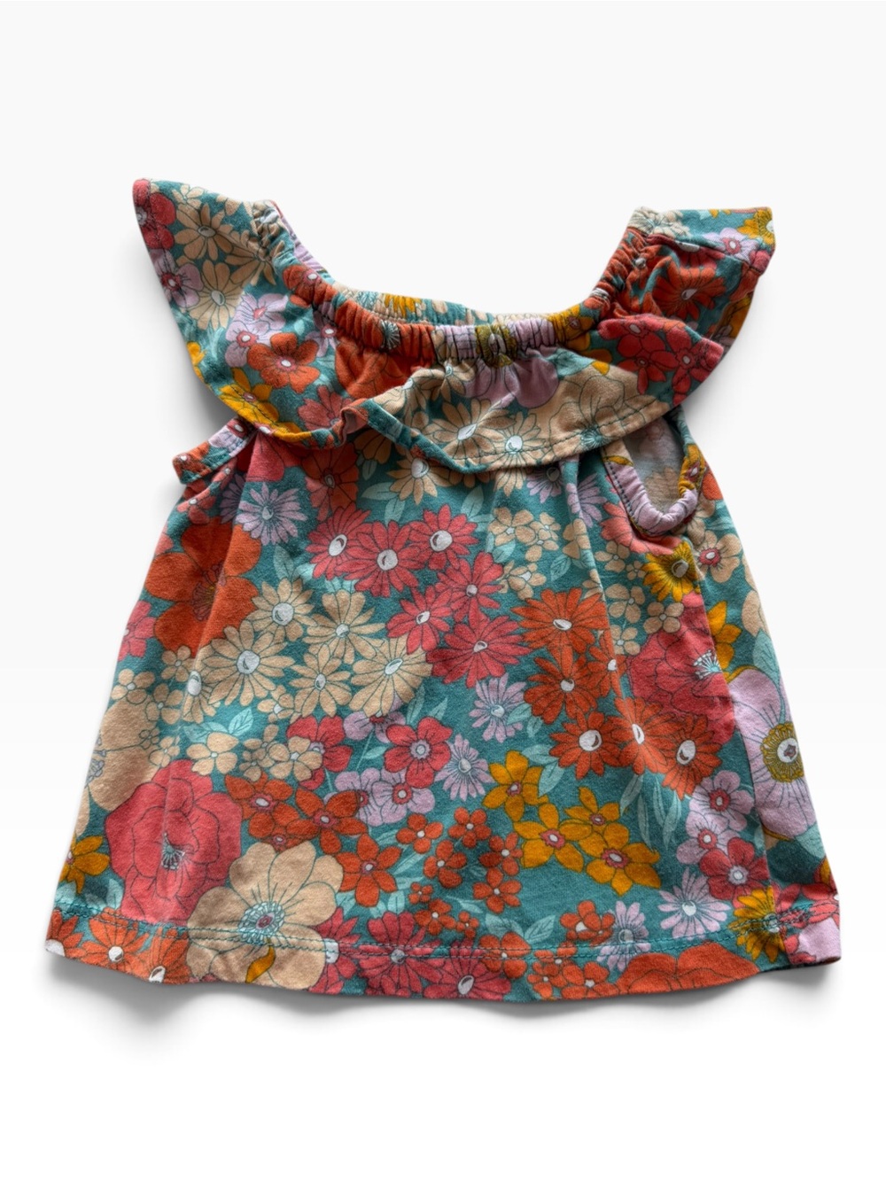 Carter's Girls Floral Ruffle Neck Tank - Teal, Coral & Yellow